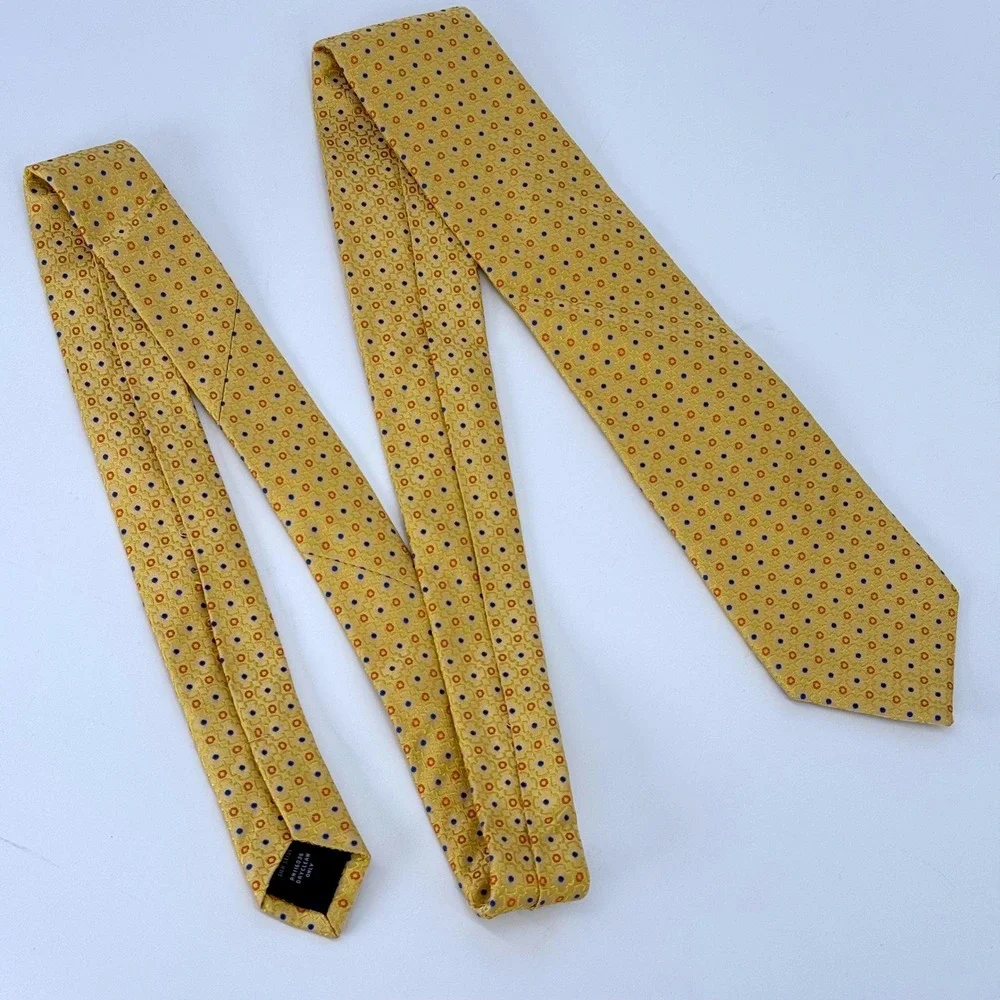 Charles Tyrwhitt Mens Silk Tie‎ Yellow Gold Blue Geometric Medallion Foulard 60L